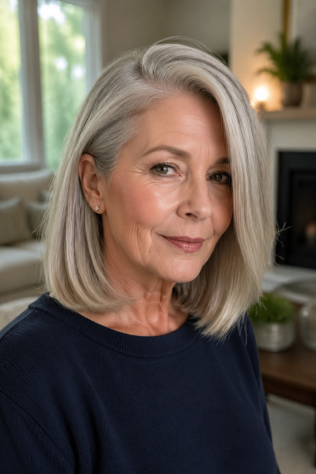 Close-up portrait of a real woman with a long bob at collarbone length and deep side part, illuminated by soft window light