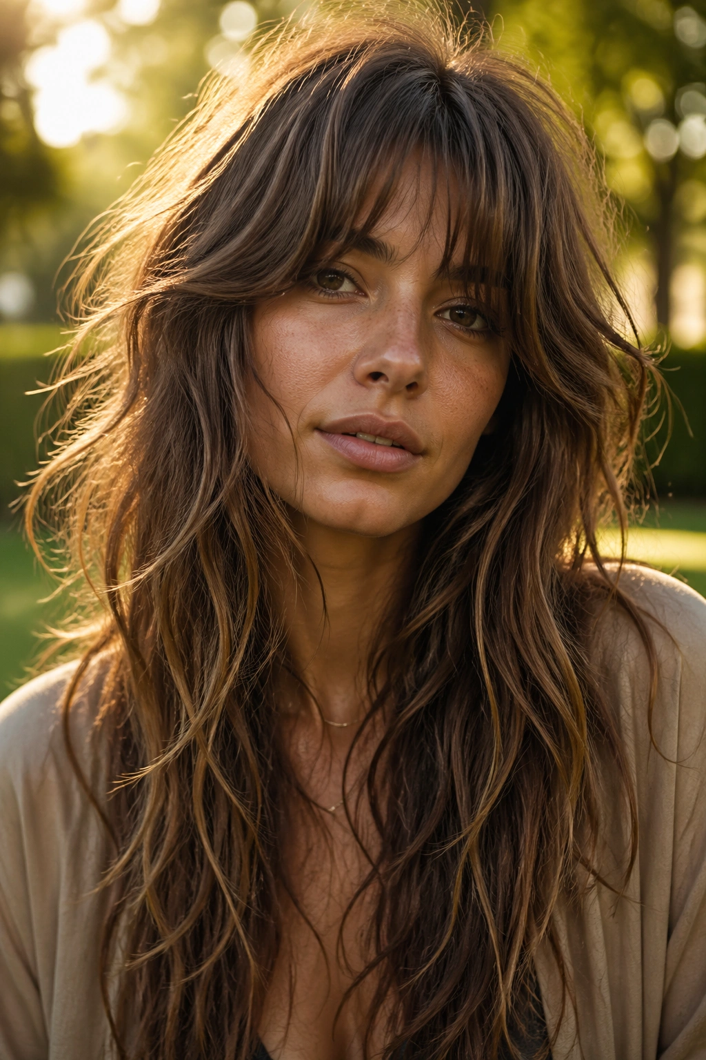 Close-up of a woman with long soft layered boho shag