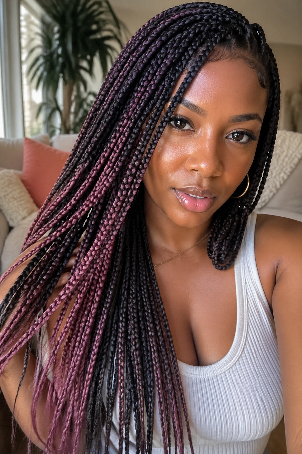 Close-up of a real woman with deep brunette long braids mauve underlights
