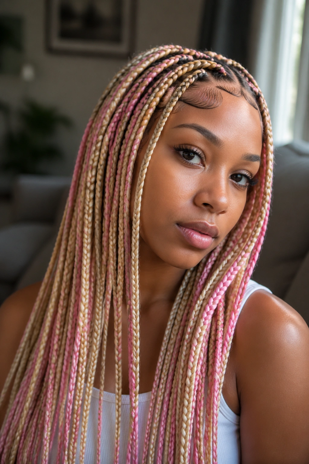Close-up of long blonde and pink knotless braids with soft baby hairs on a real person