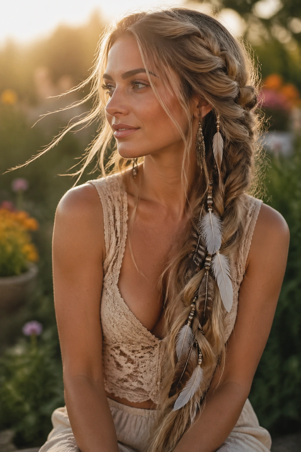 Three-quarter portrait of a real person with a long cascade feather braid over the shoulder
