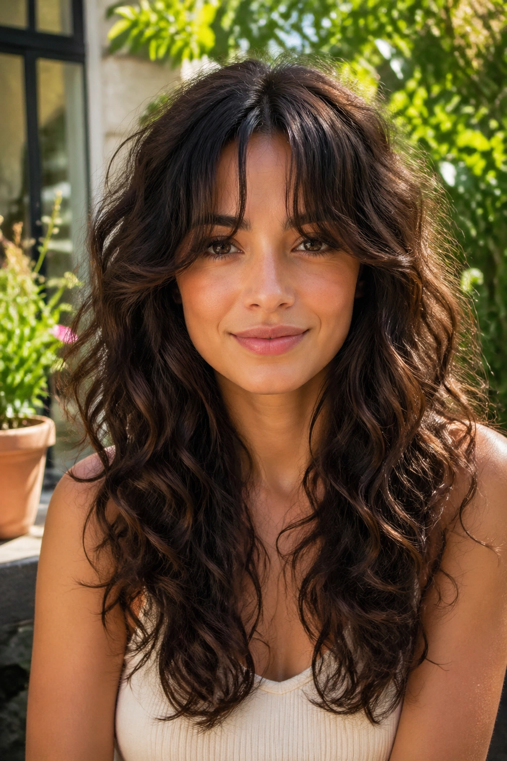 Woman with long curls and split bangs on a garden patio.