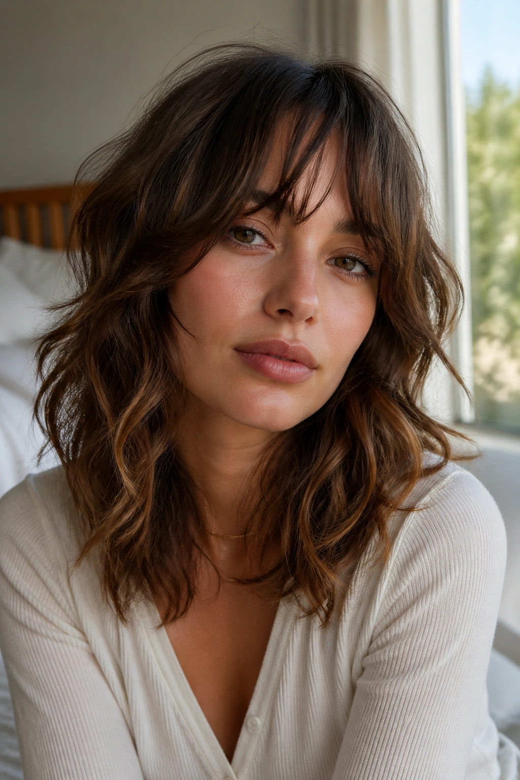 Close-up of a real woman with a long fringe shag and soft waves.