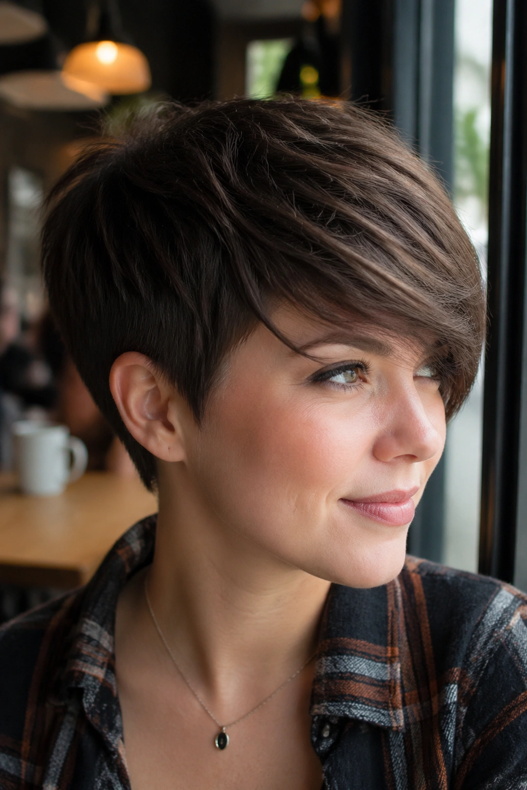 Close-up of a woman with long front fringe and short back pixie.