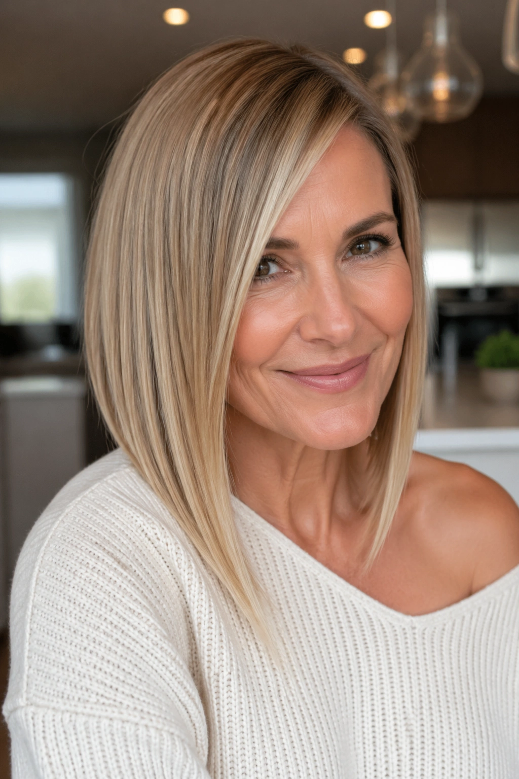 Close-up of a real woman with straight hair and long front cut