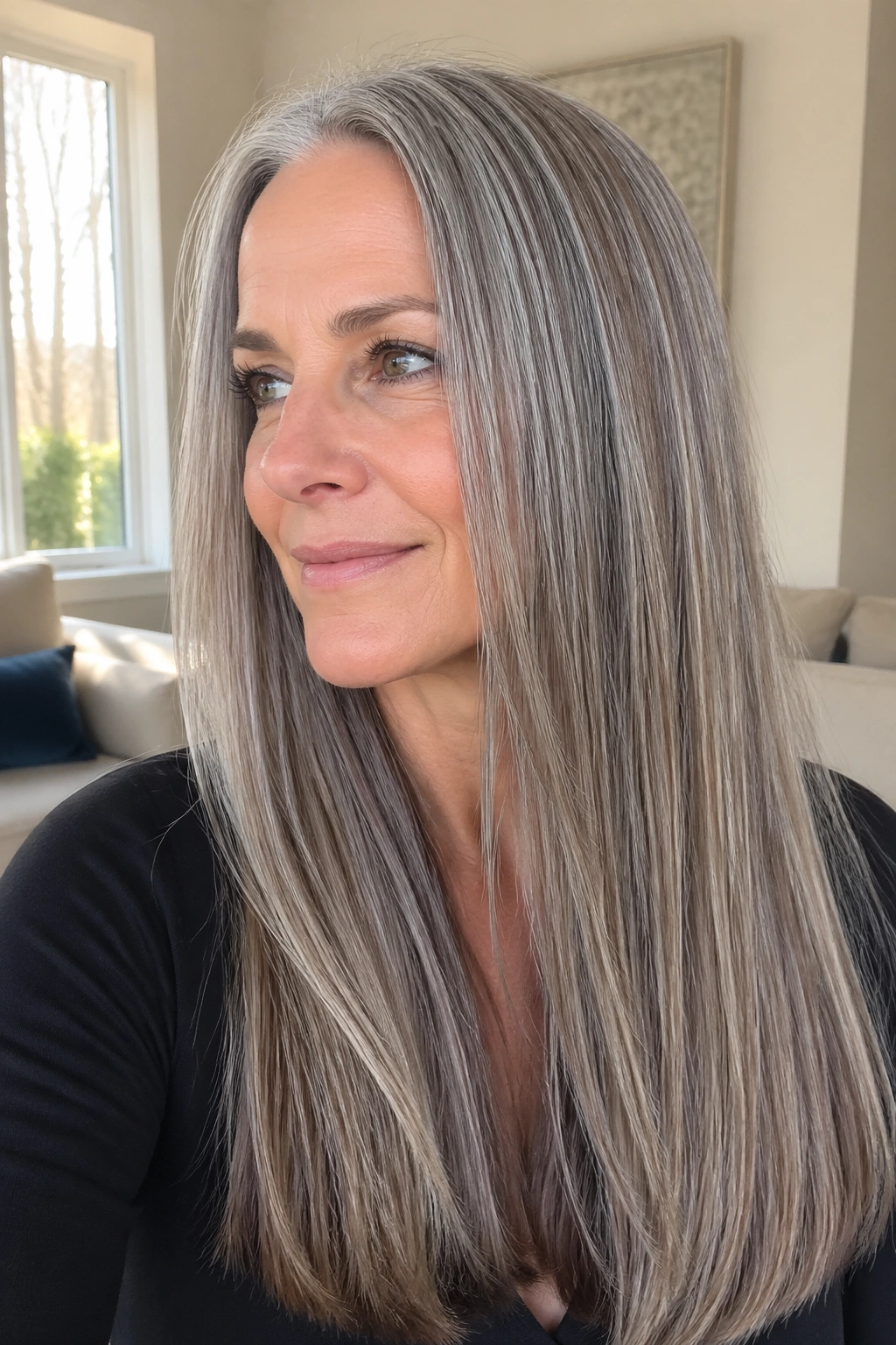Close-up of a real woman with long gray hair and mocha veil lowlights in a sunlit living room.