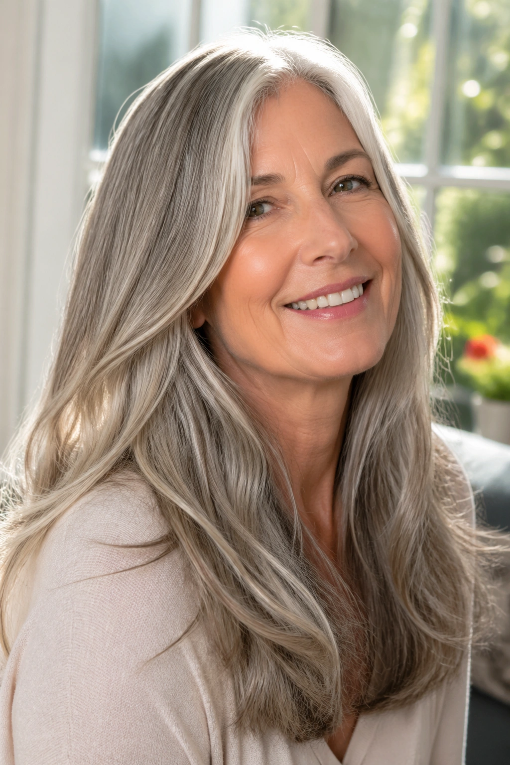 Real woman with long gray hair layered softly, in natural light.
