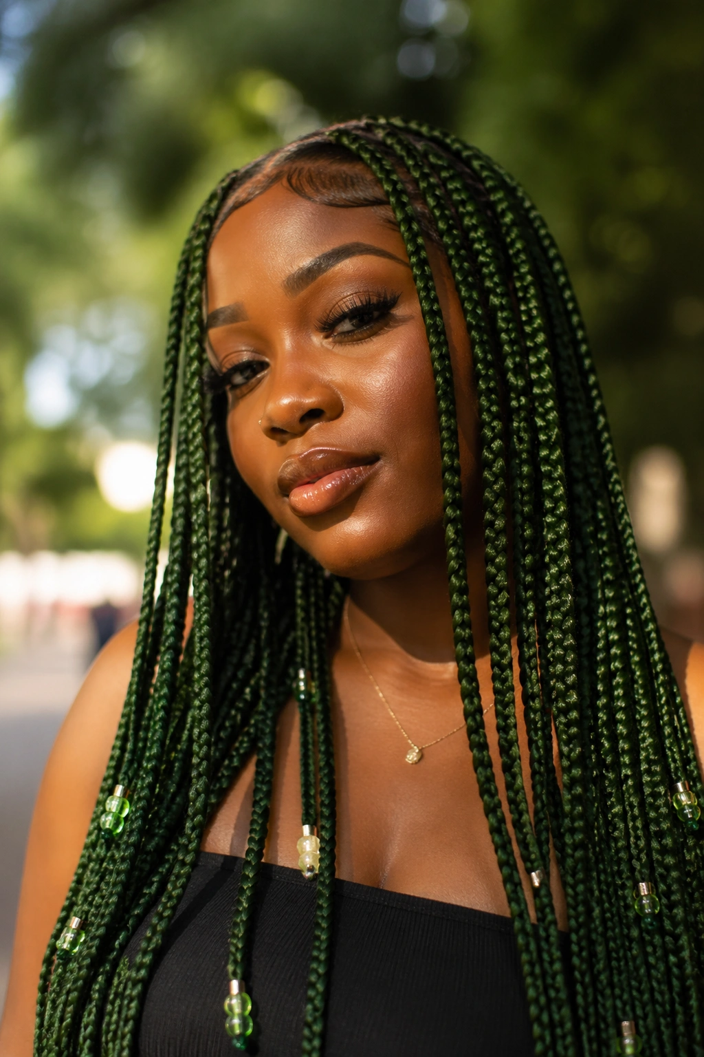 Close-up of a real person with long green box braids featuring beads on every other braid