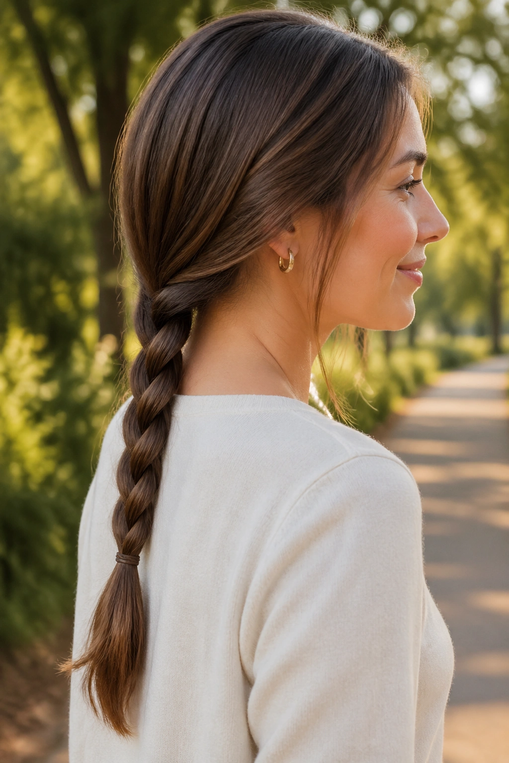 Close-up of a long-haired person with a low tail braid at the nape.
