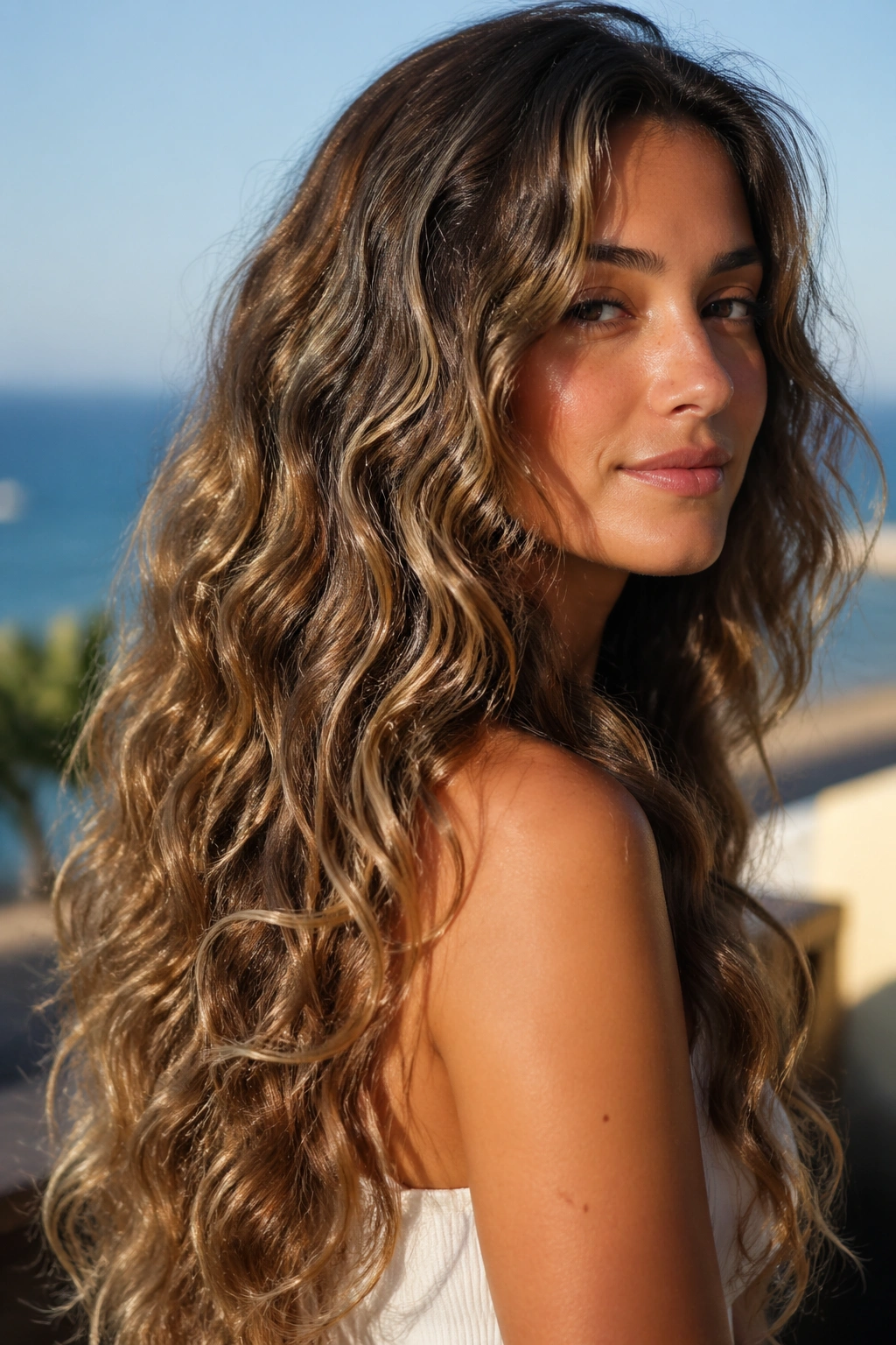 Close-up of a woman with long layered mermaid waves in a sunlit outdoor setting