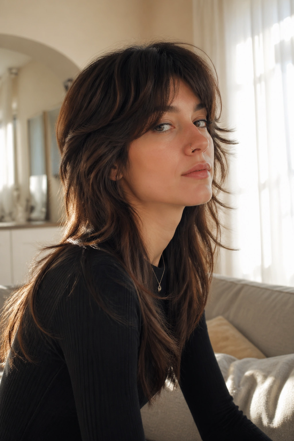 Medium close-up of a real person with a long layered soft mullet in sunlit room