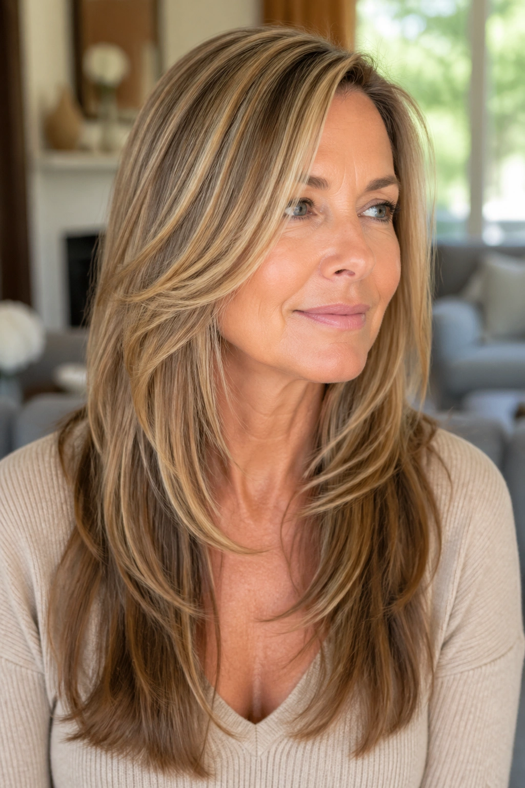 Real woman with long layers starting below the cheekbones