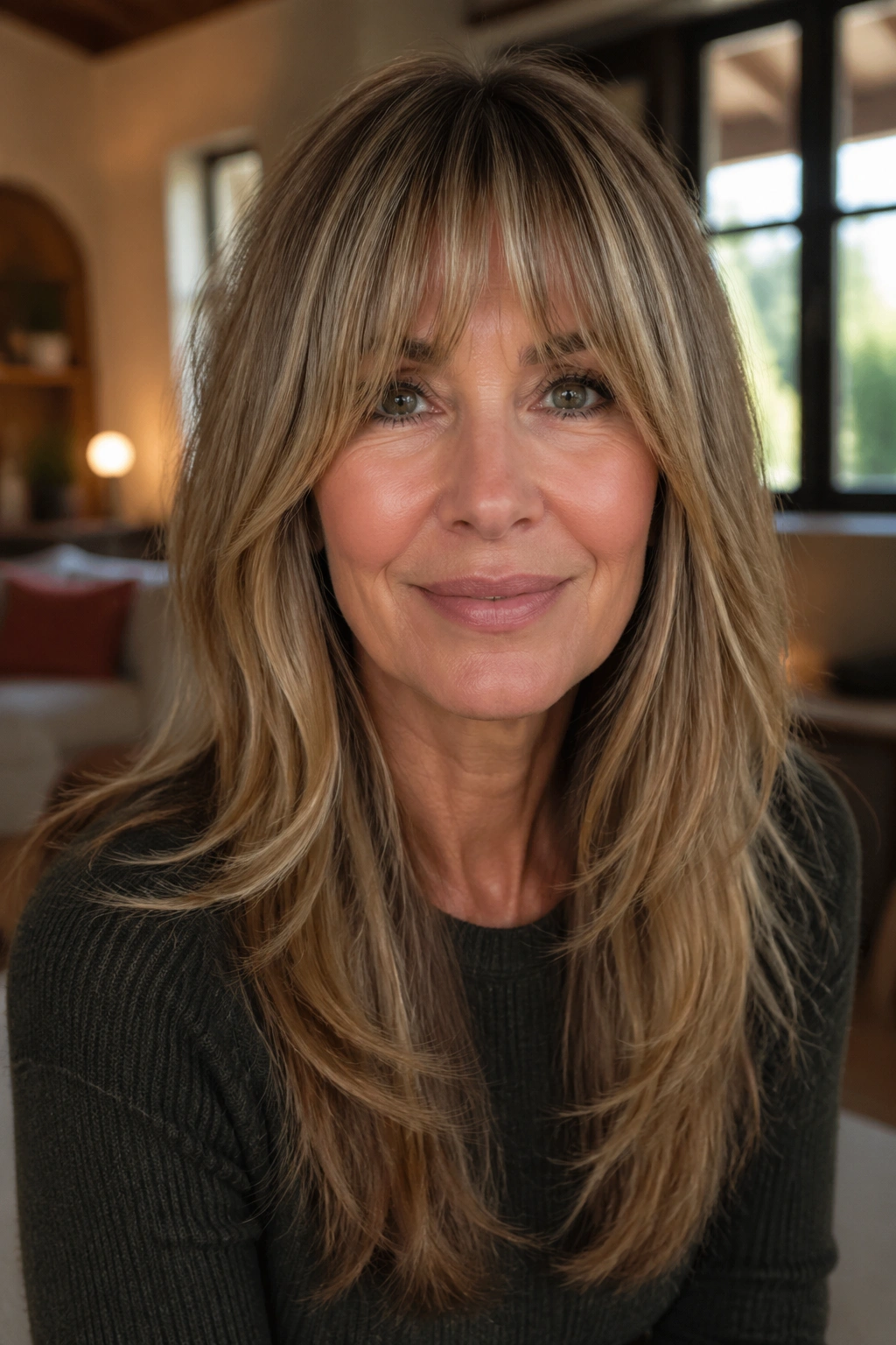 Close-up of a real woman with long layers and bottleneck bangs.