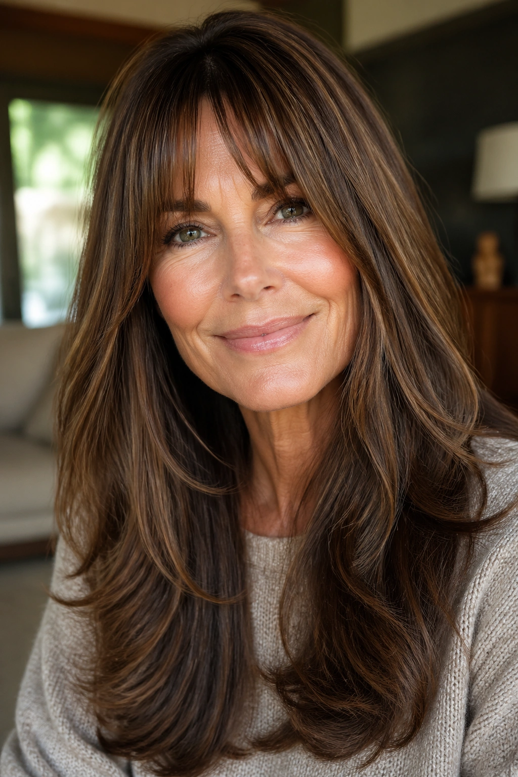 Close-up portrait of a real woman with bottleneck bangs and thick long layers in soft window light