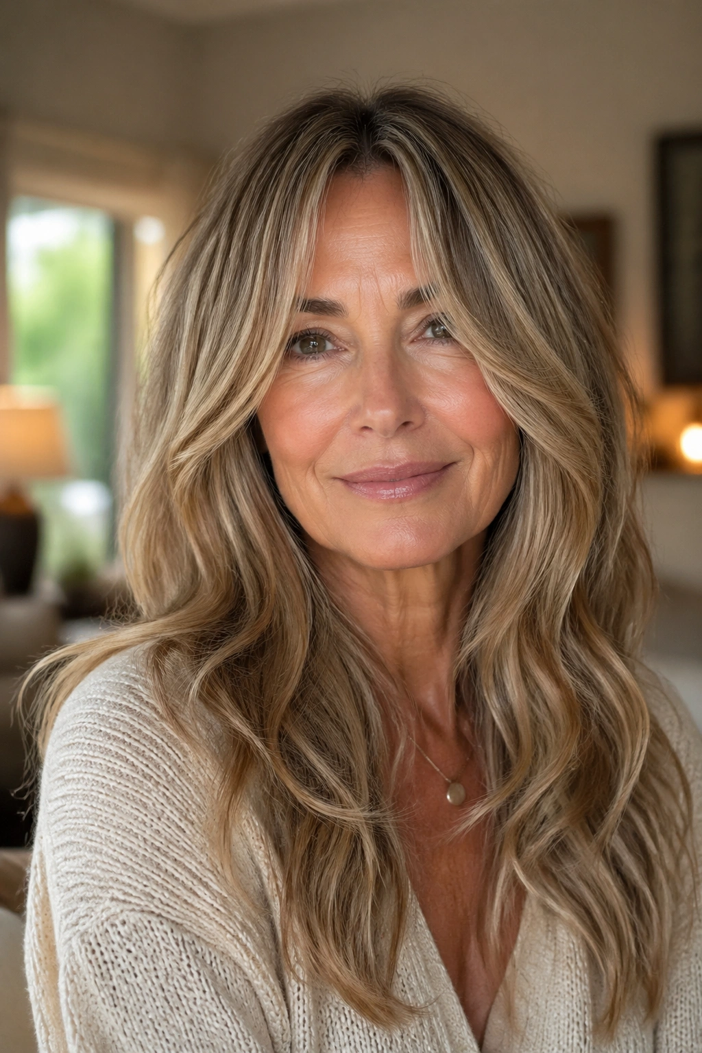 Close-up of a real woman with long layers and curtain bangs framing the face in natural window light