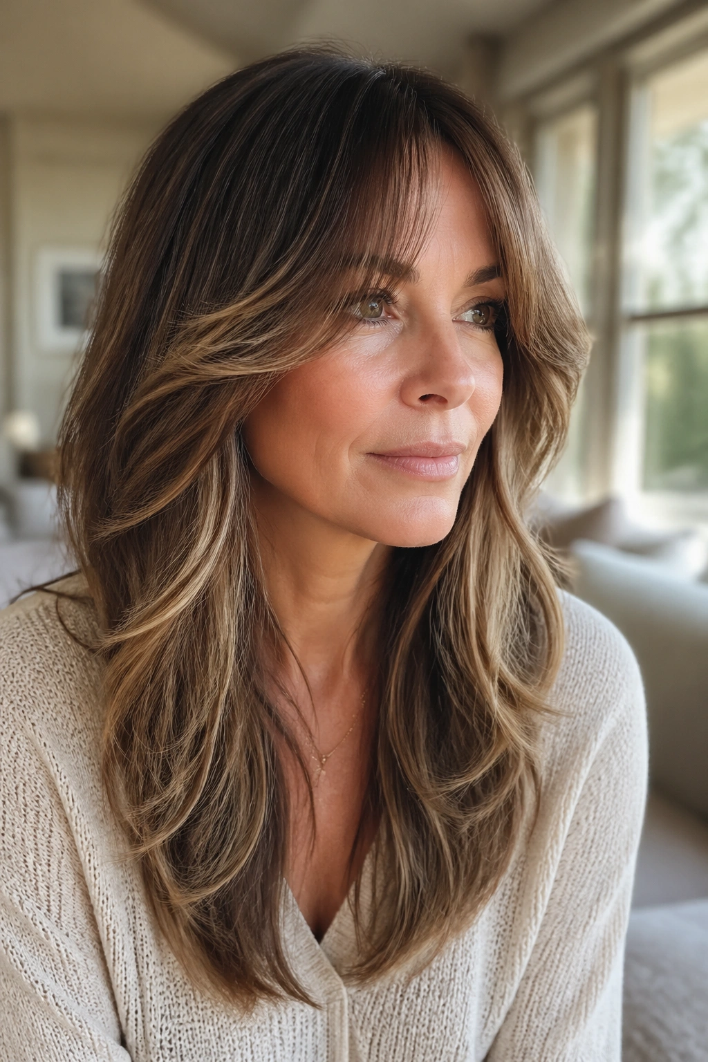 Close-up of a real woman with long layers and curtain bangs in warm window light