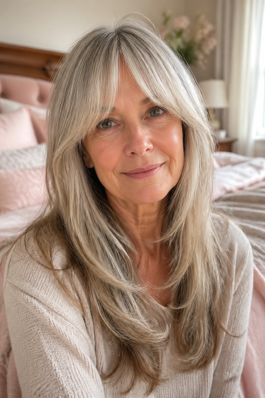 Portrait of a woman with long layered hair and curtain fringe