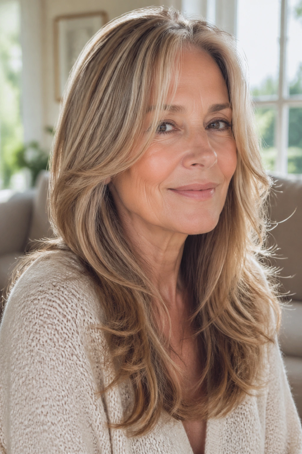 Close-up of a real woman with long layered hair and face-framing pieces