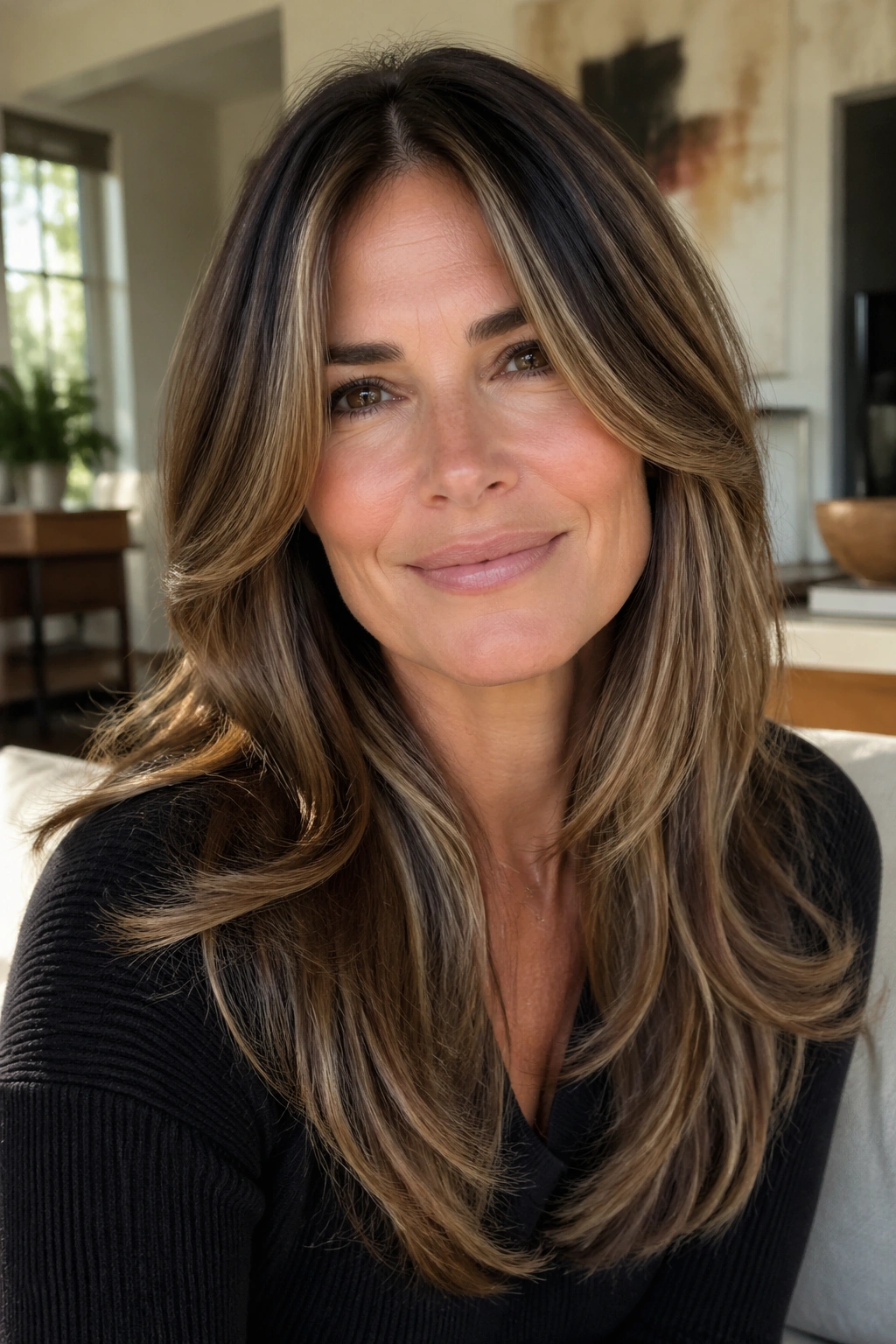 Close-up of a real woman with long layers and face-framing pieces.
