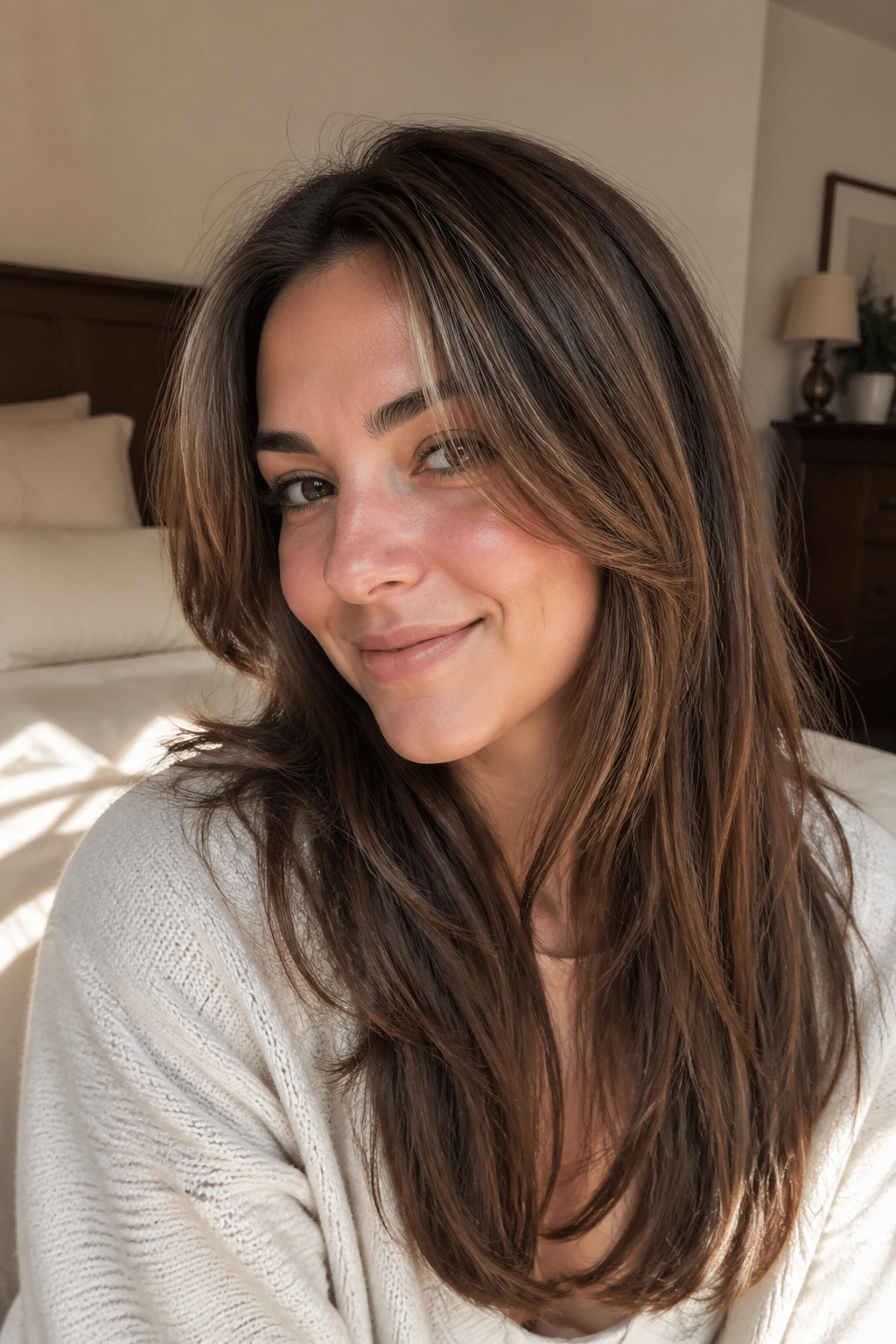 Close-up of a real woman with long layers and face-framing pieces starting below the cheekbone, warm bedroom light.