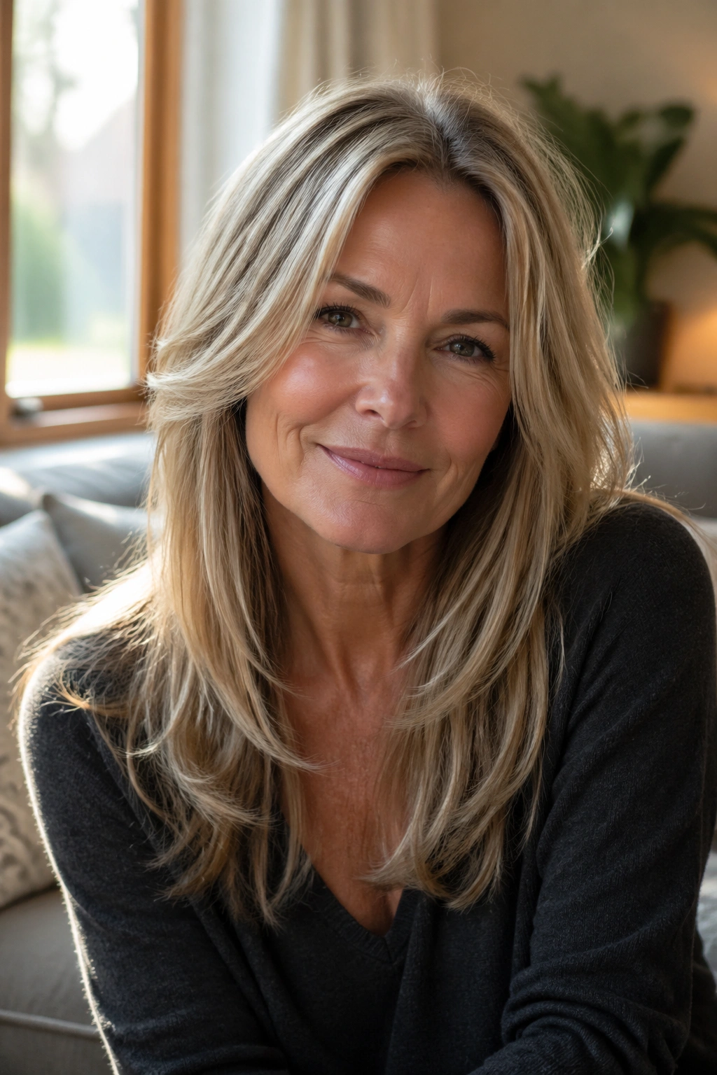 Close-up portrait of a real woman with soft long layers for thinning hair, warm natural light