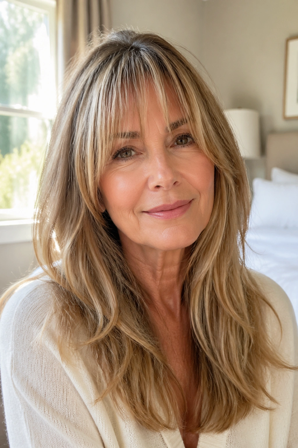 Close-up of a real woman with long layers and wispy bangs