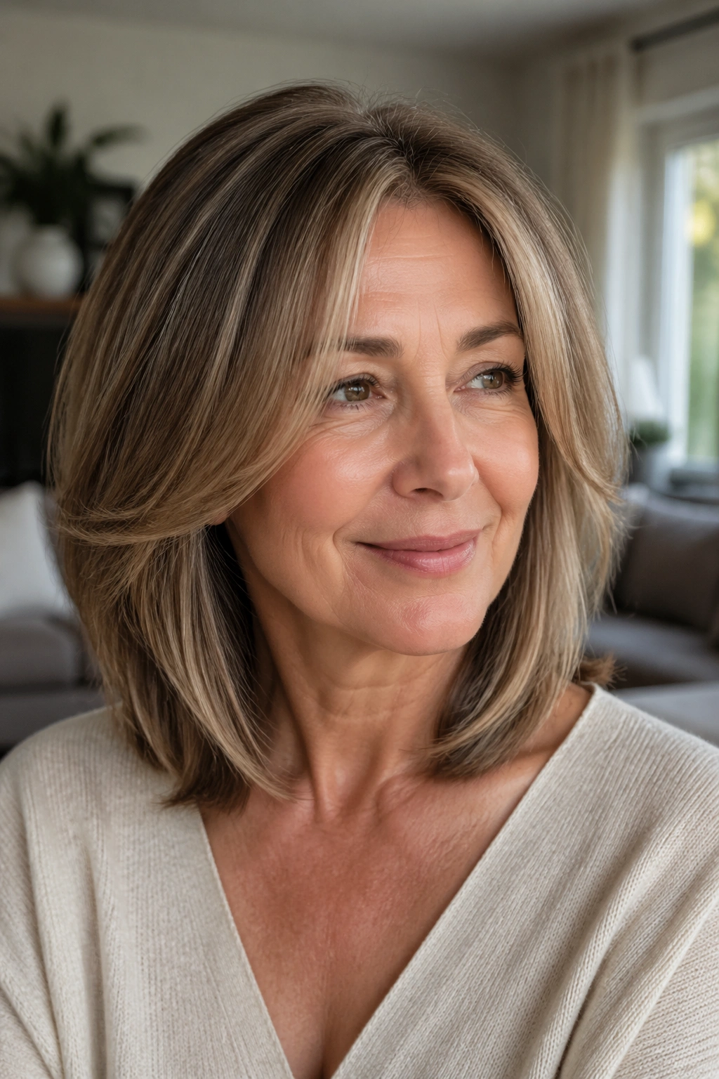 Close-up of a real woman with a long layered lob and face-framing pieces in warm window light.