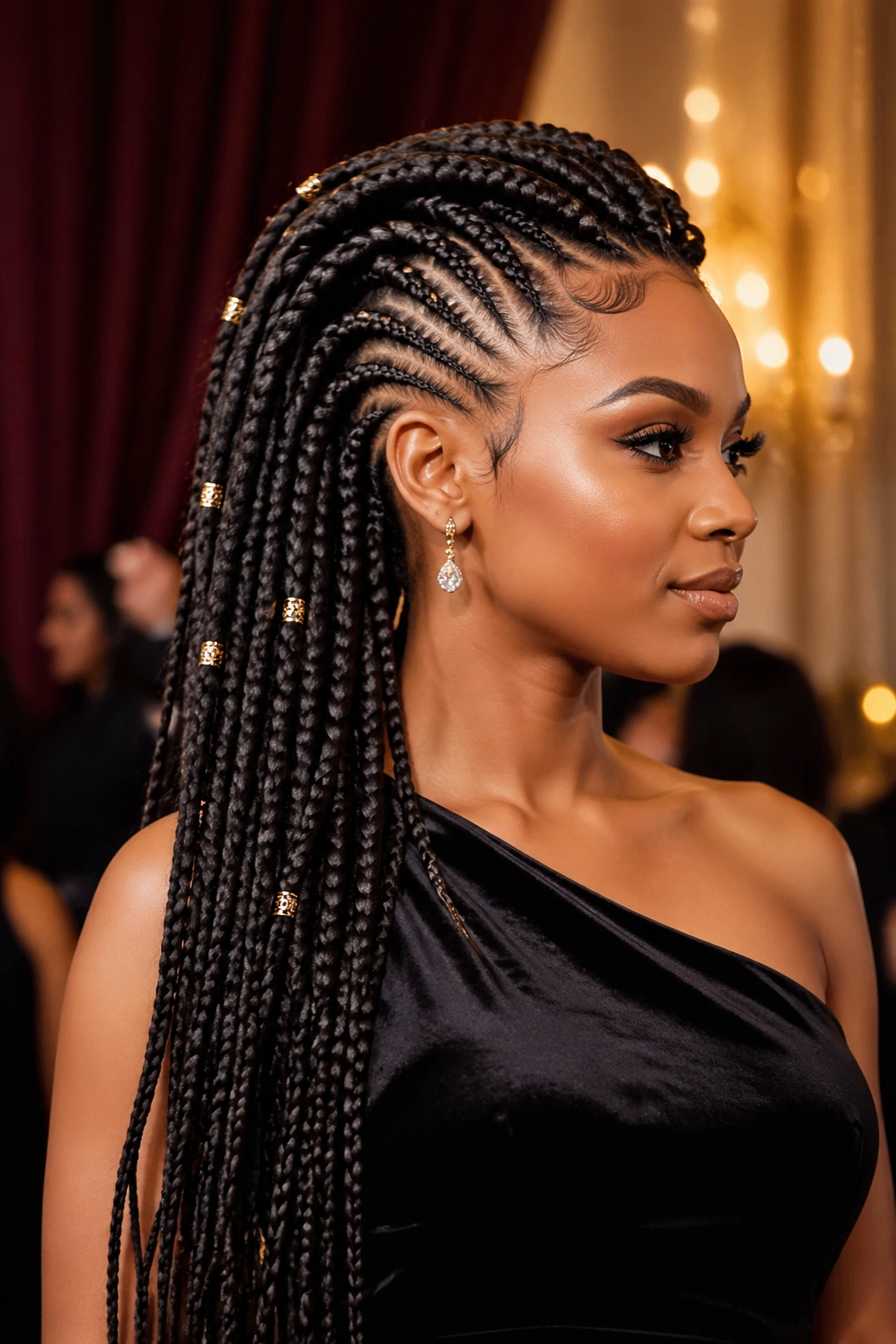 Close-up of a real Black woman with waist-length mohawk braids in an elegant event setting.