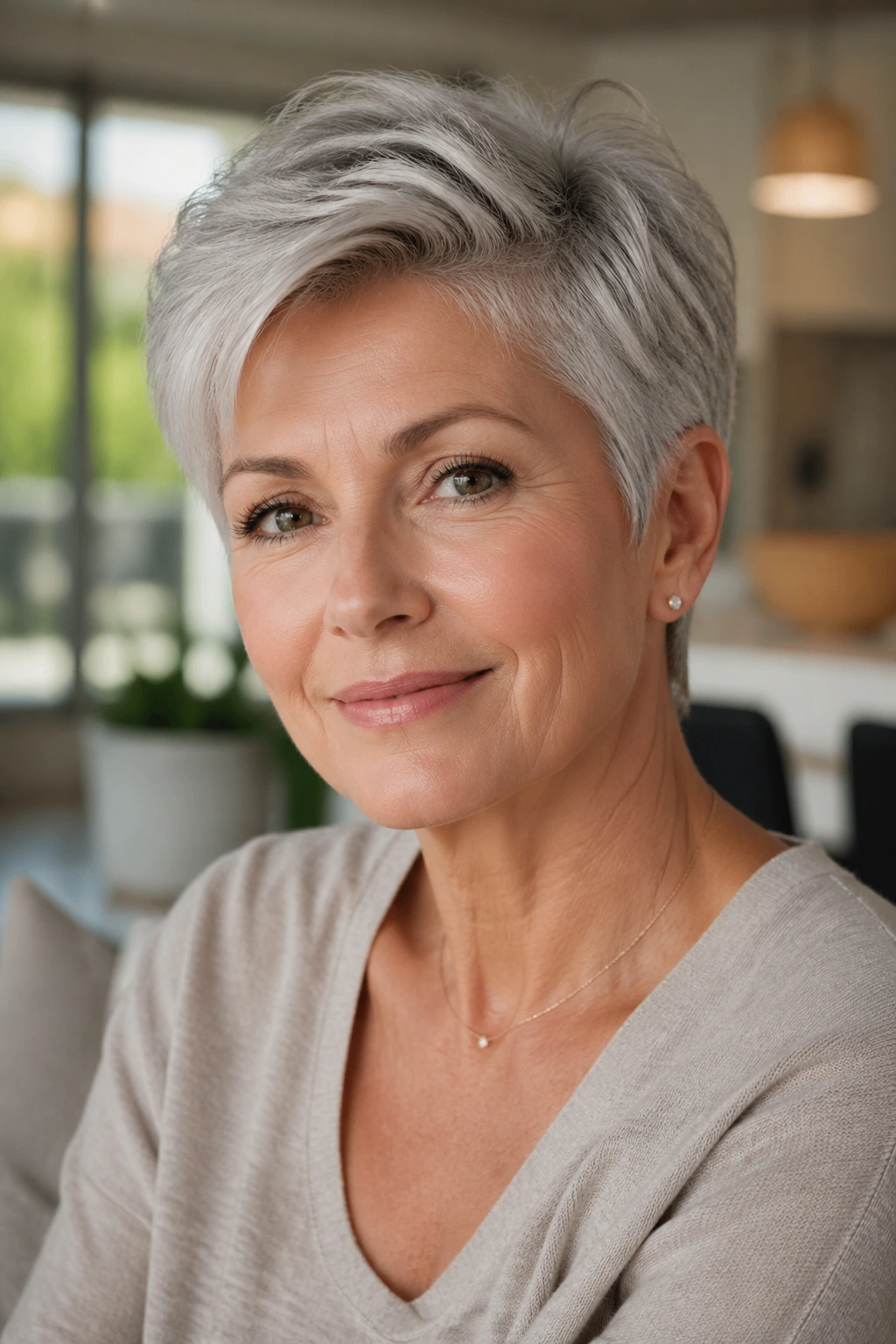 Close-up of real woman with long-on-top pixie in a bright home setting