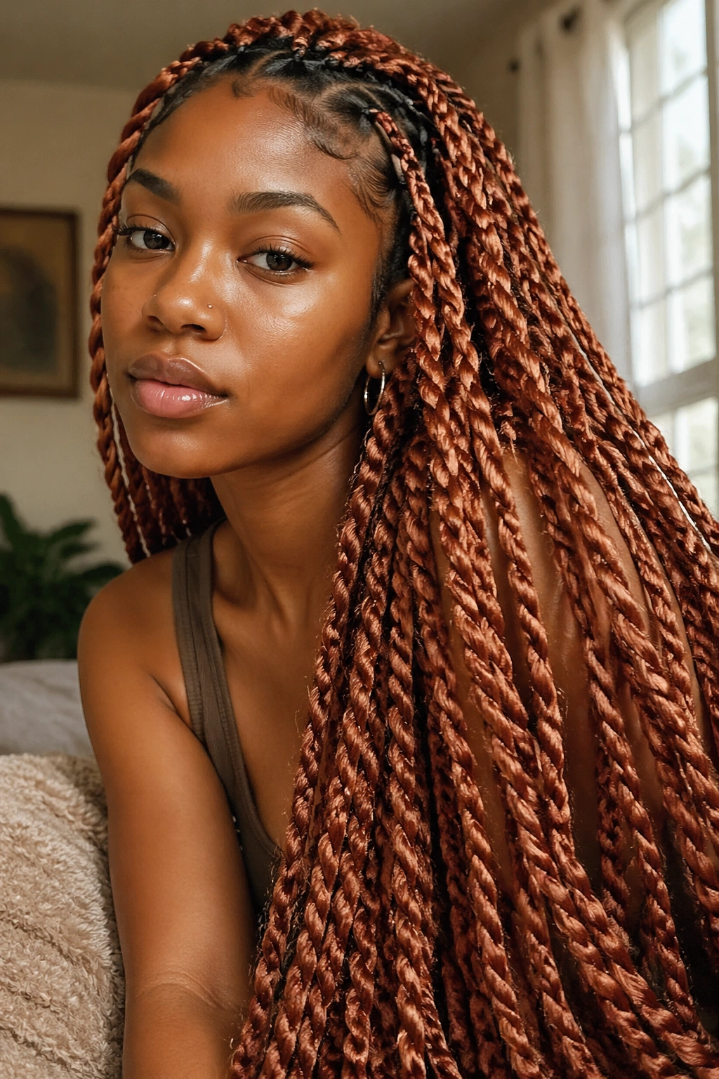 Real person with long passion braids in soft copper cascading over shoulder