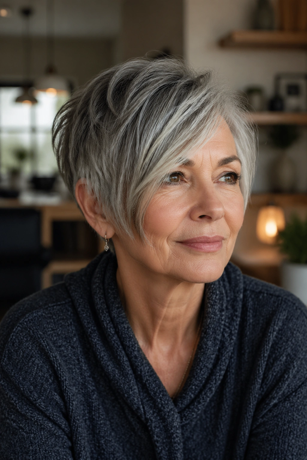 Real woman with long pixie brushing the cheekbones