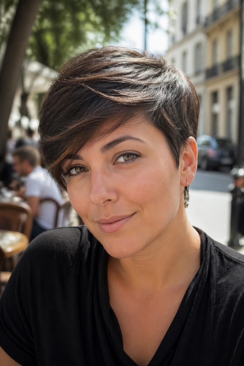 Portrait of a real woman with a long pixie cut and side-swept fringe
