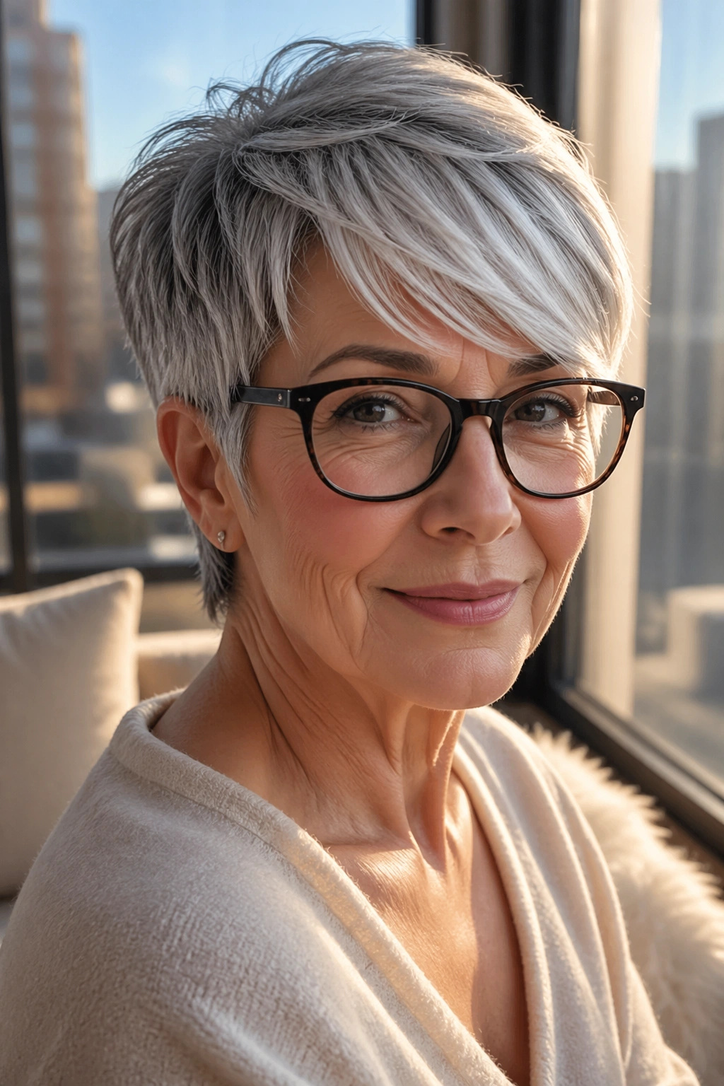 Real woman with long pixie and side-swept fringe in window light