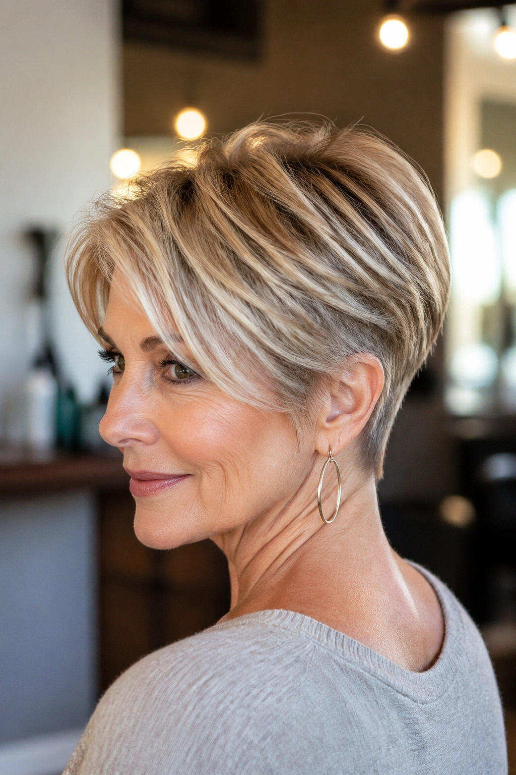 Portrait of a woman with a long pixie and tapered nape