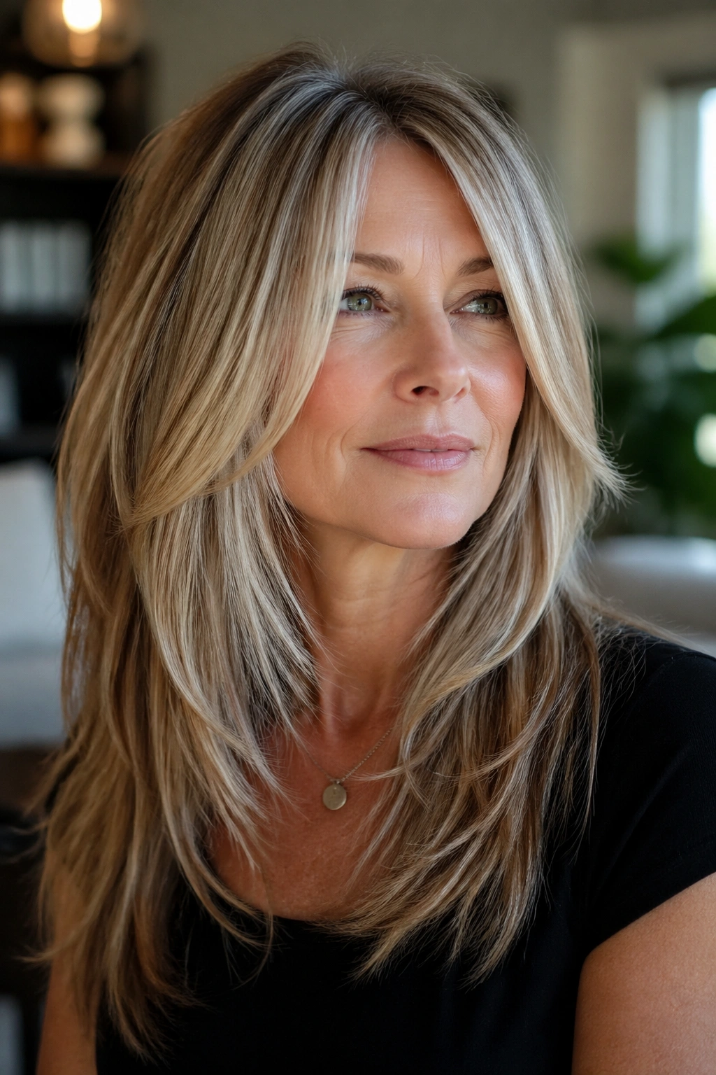 Close-up of a real woman with long razor layers framing the face in soft home lighting.