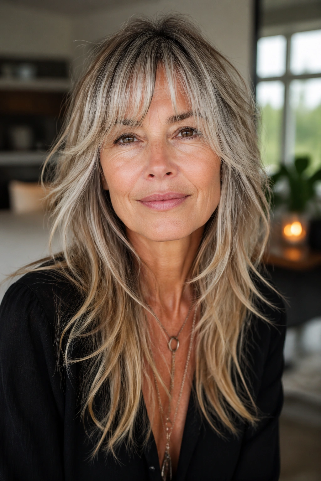 Close-up of a woman with a long shag haircut and airy movement