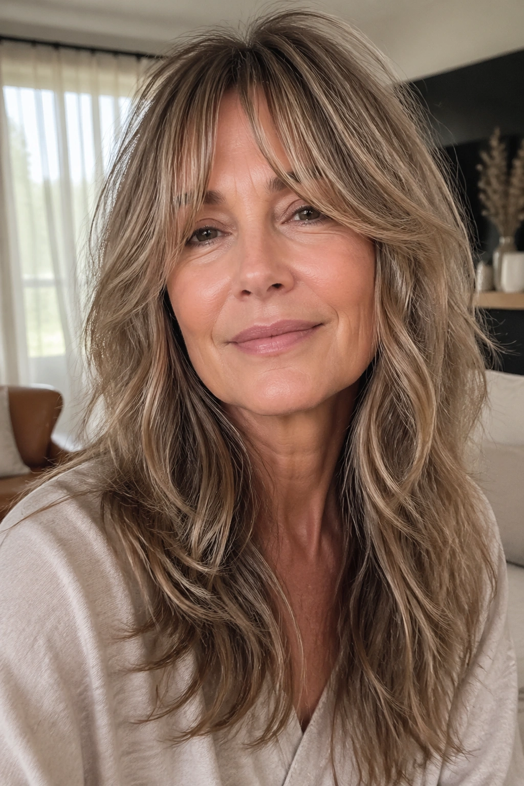 Close-up of a real woman with long shag and curtain bangs in daylight