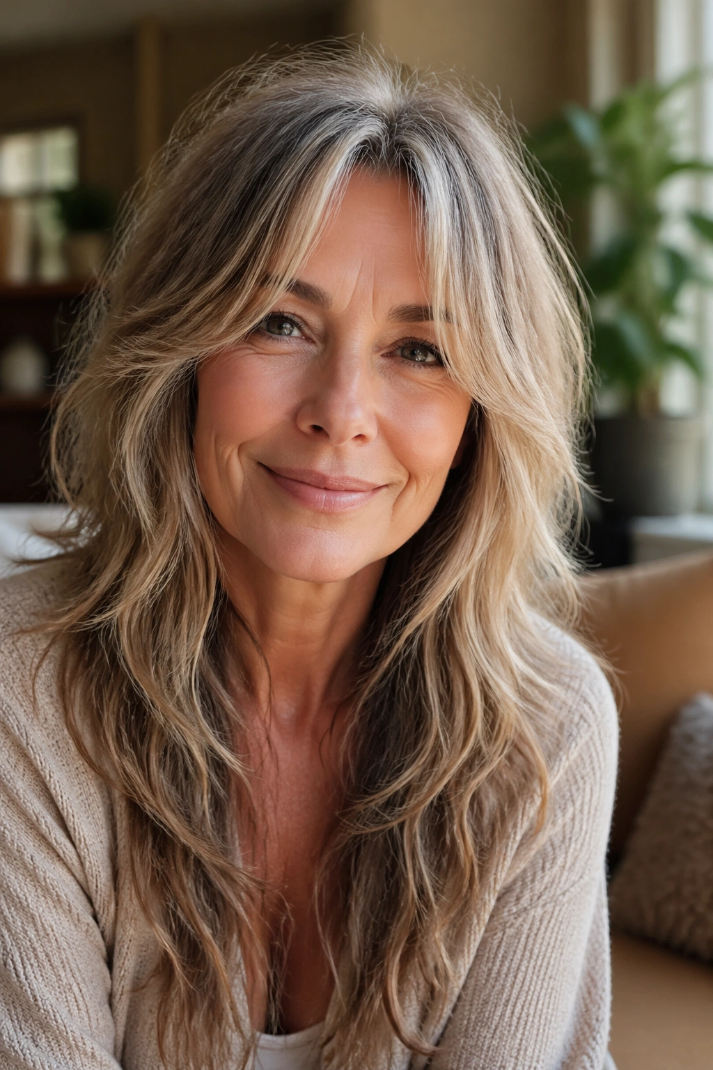 Real woman with long shaggy layers around the face