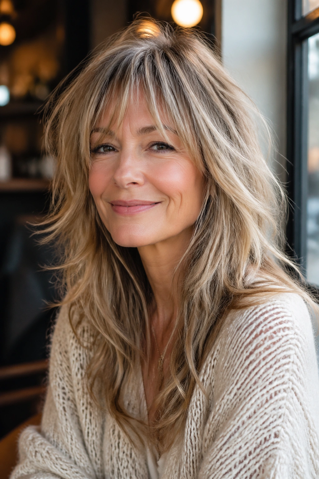 Close-up of a real woman's long shag with wispy fringe in natural light