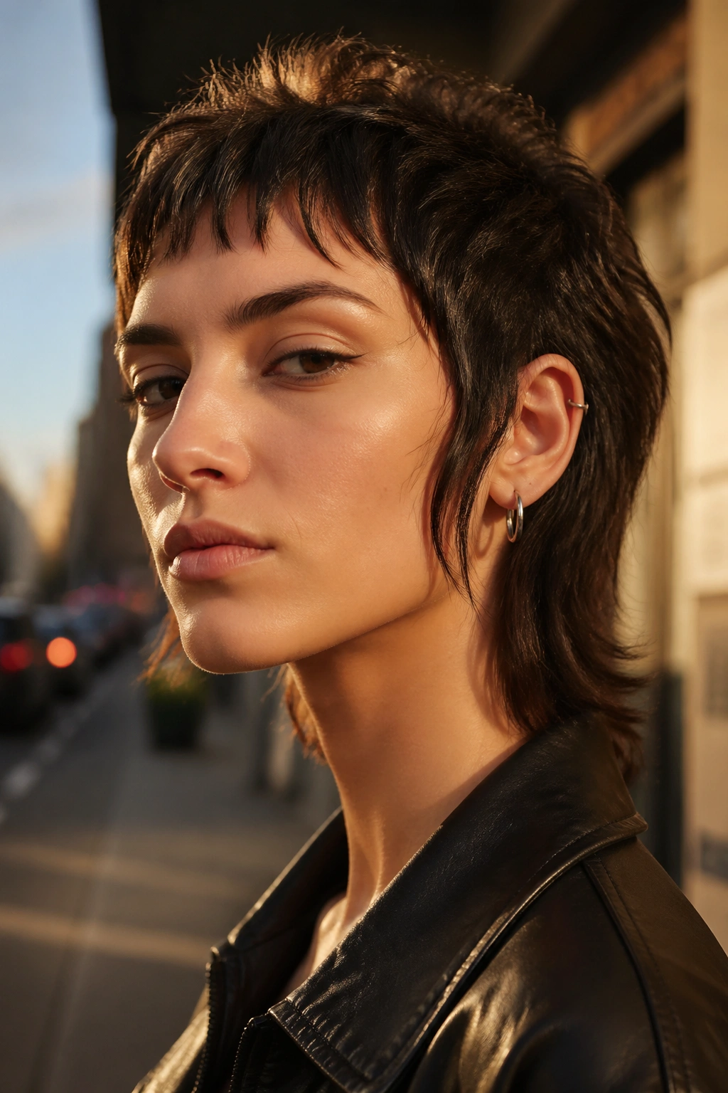 Real person with pixie mullet and long sideburns framing the jaw.