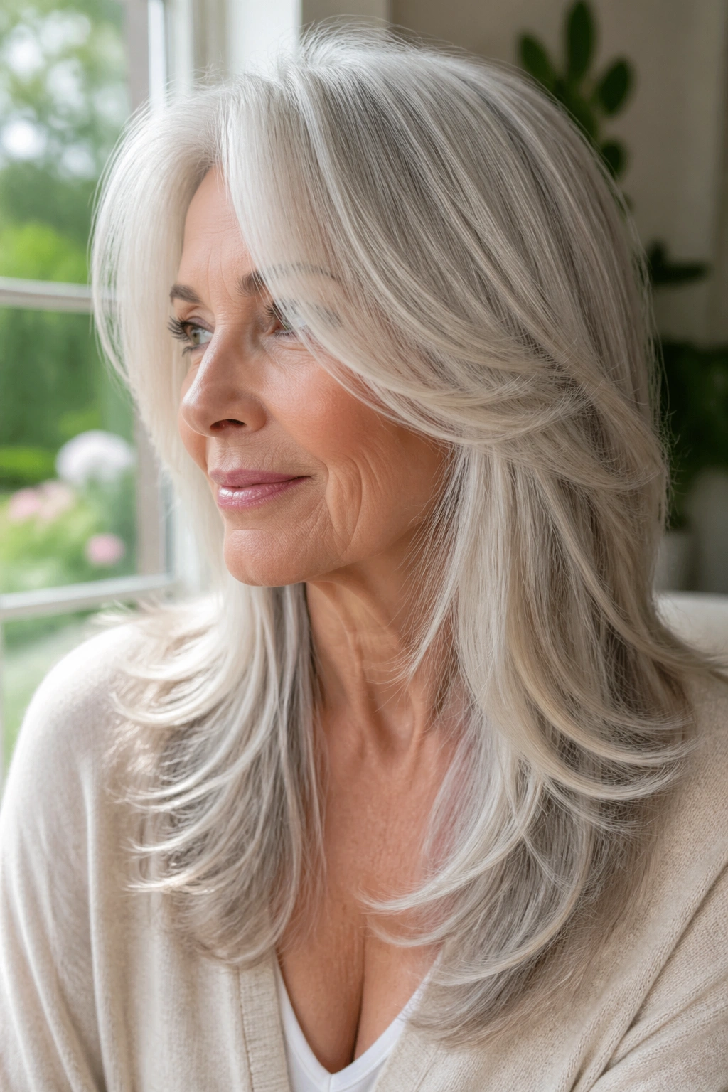Portrait of a woman with long silver layered hair and face-framing layers