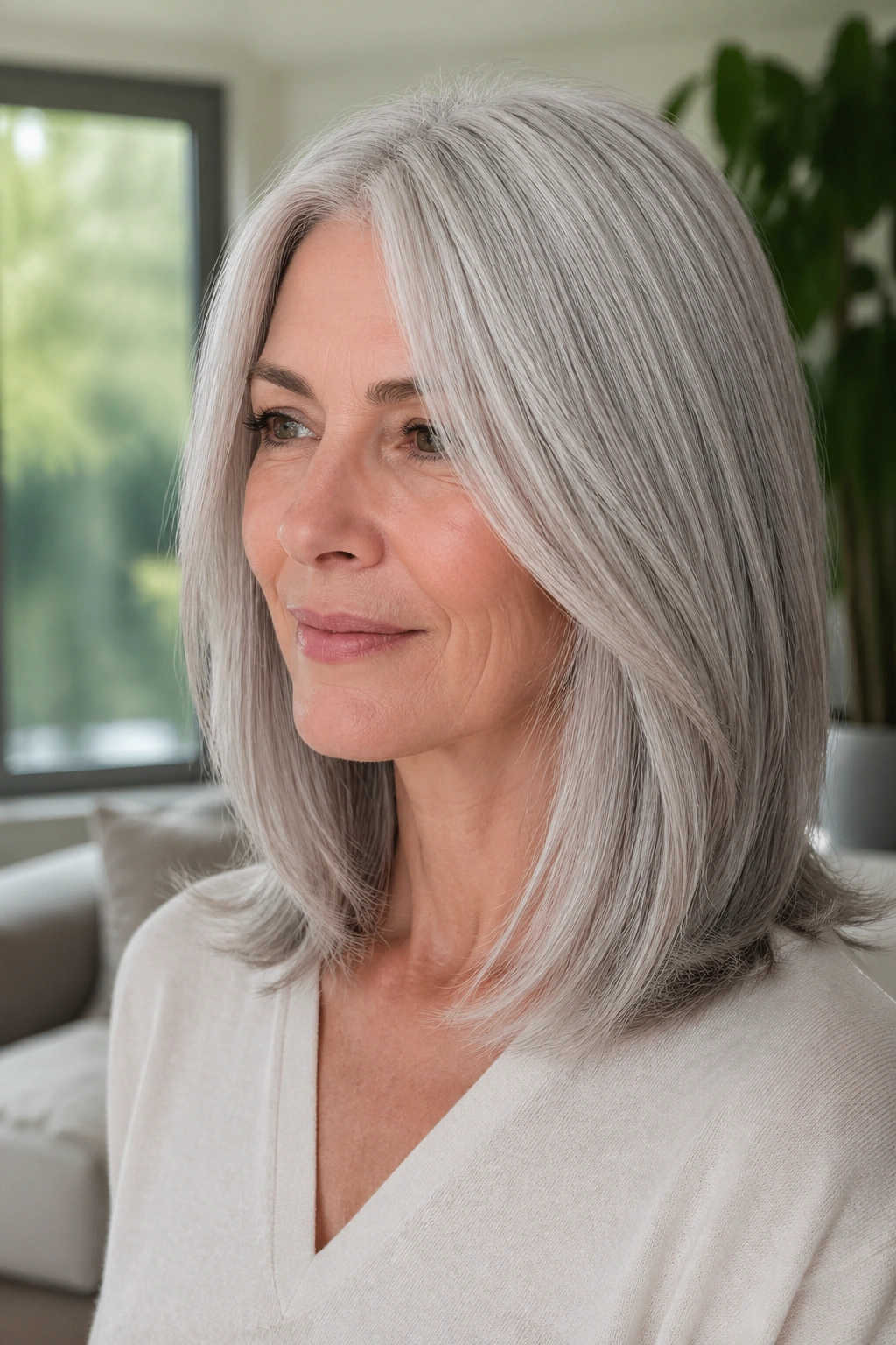 Portrait of a real woman with long silver lob and invisible layers.