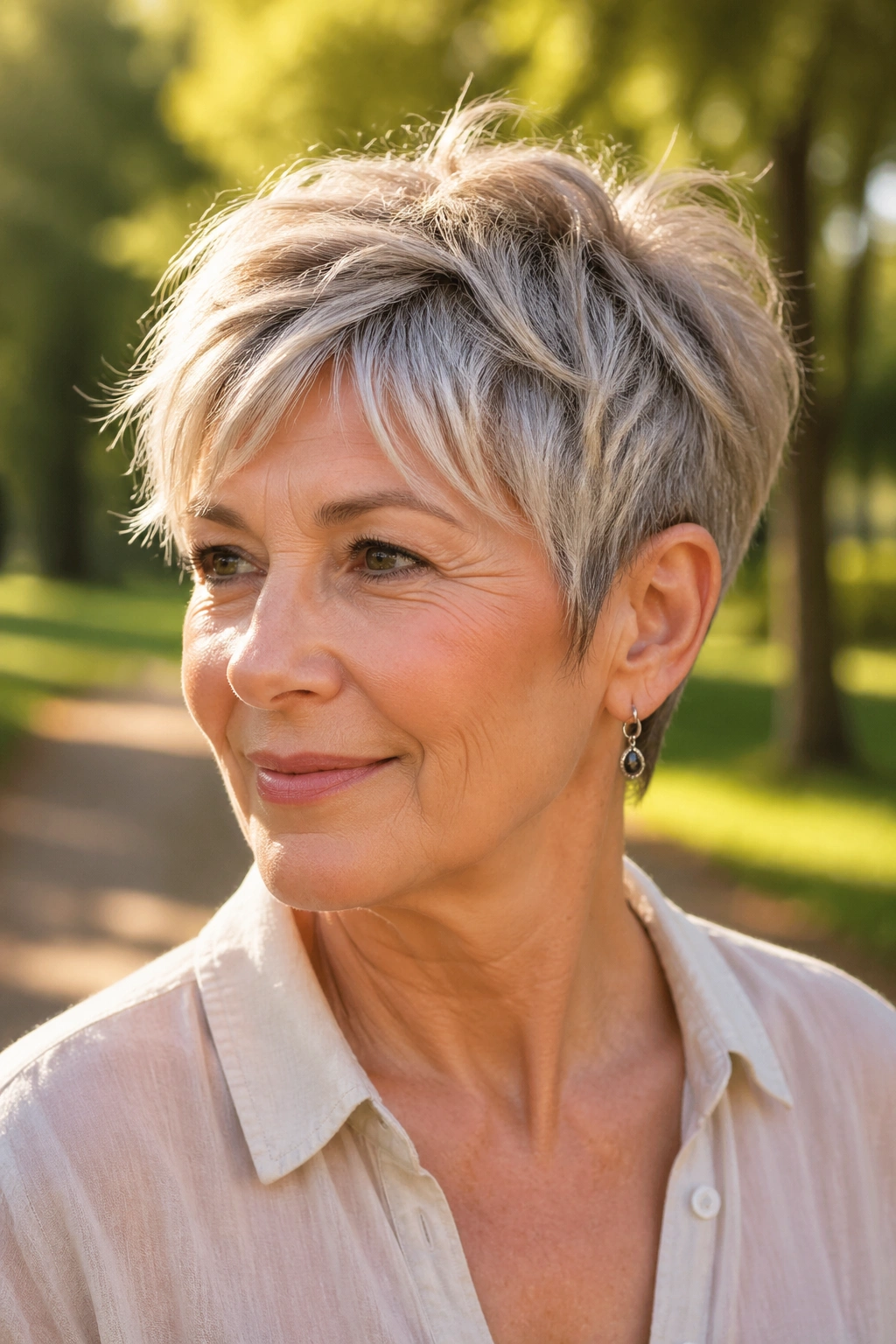 Portrait of a 60+ woman with long-top pixie and piecey texture.
