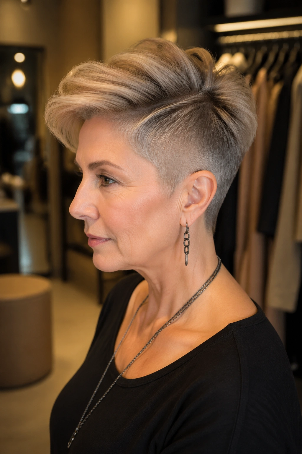 Close-up of a real woman with a long-top undercut pixie.