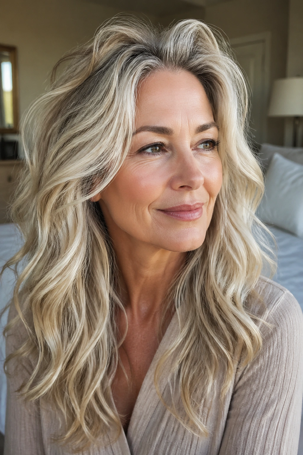 Close-up of long waves with lift at the roots on a real woman in a softly lit bedroom