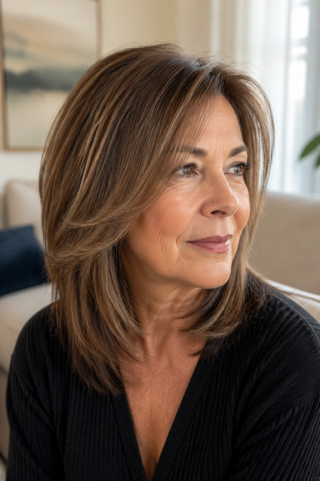 Portrait of woman with long wedge and face-framing pieces near jawline in natural light