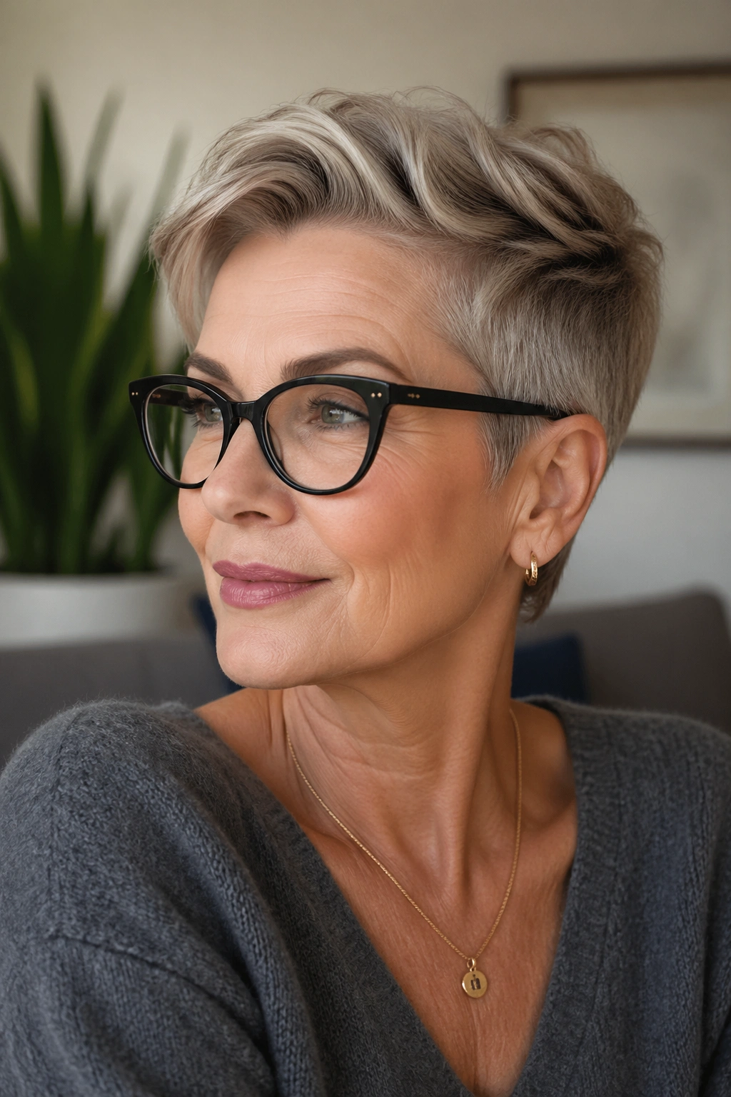Portrait of a mature woman with a longer top pixie