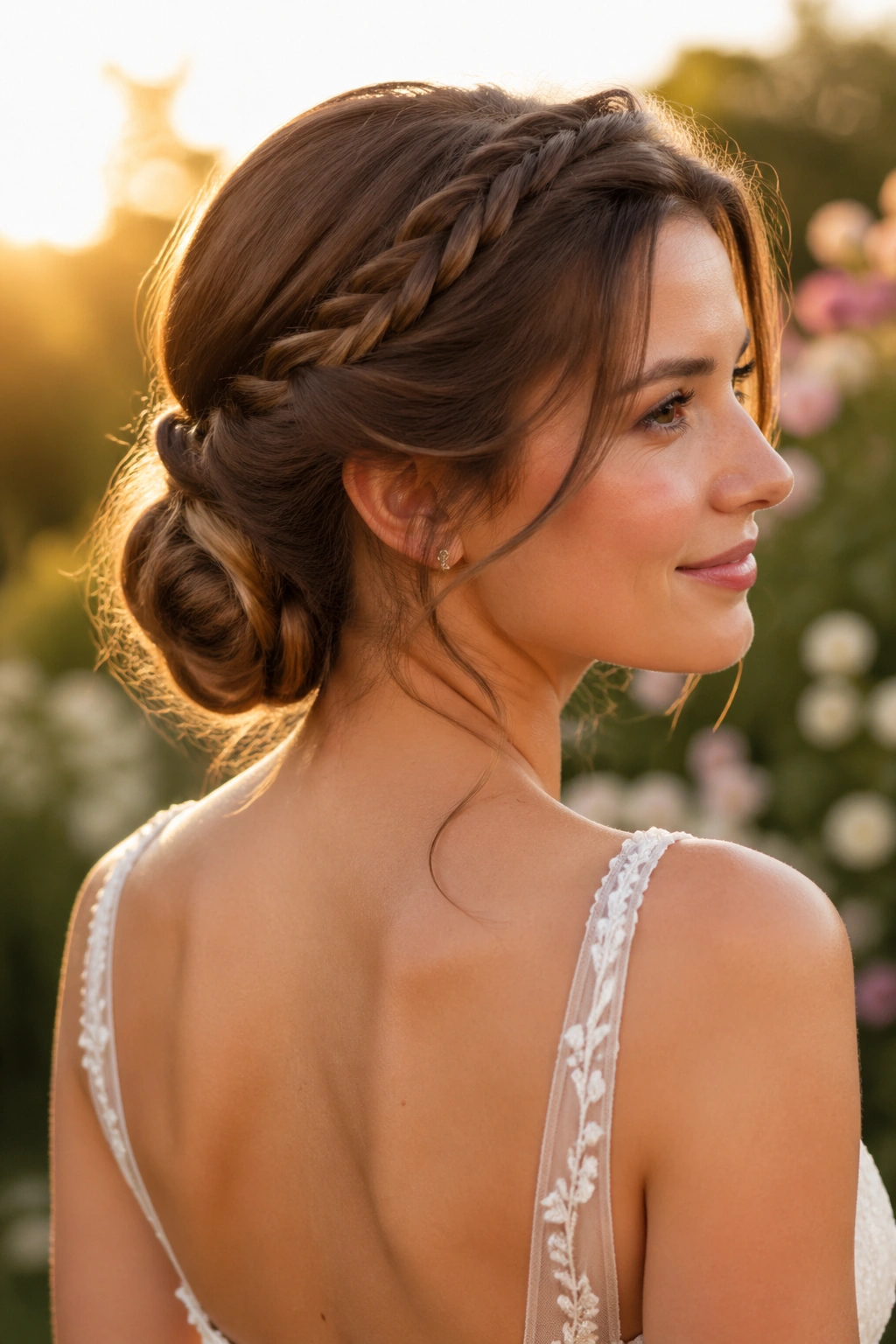 Close-up of real woman with Loop-Back Romantic Braid in golden-hour outdoor light.