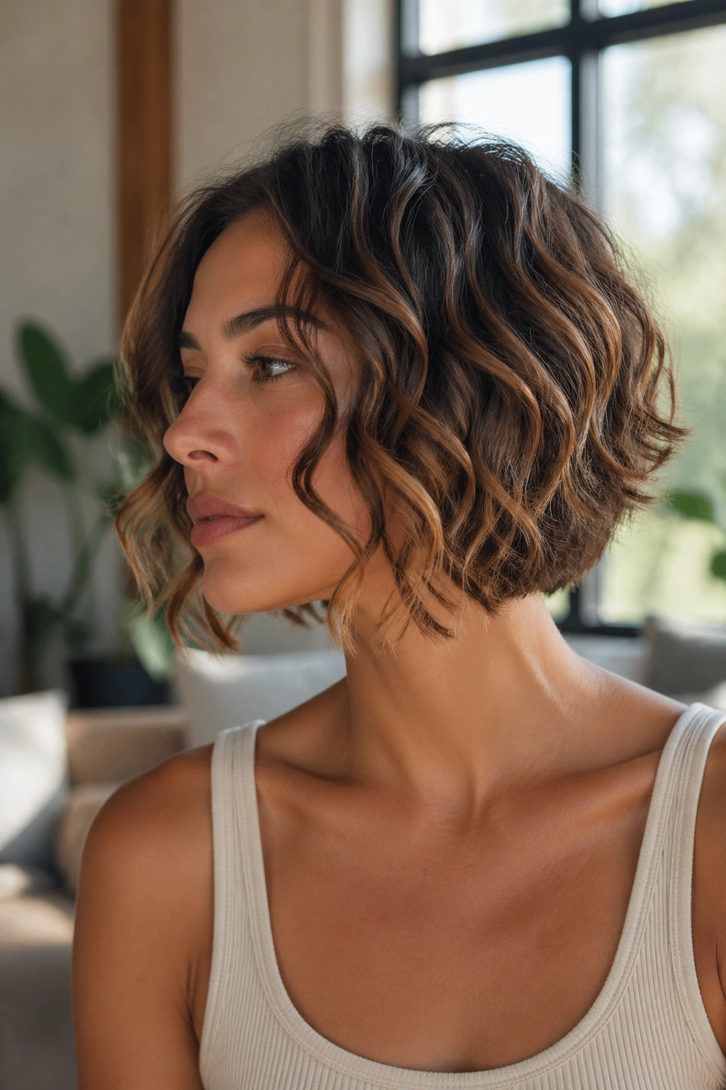 Close-up of a real woman with a loose beach-curled inverted bob, soft waves, natural light, hair in focus