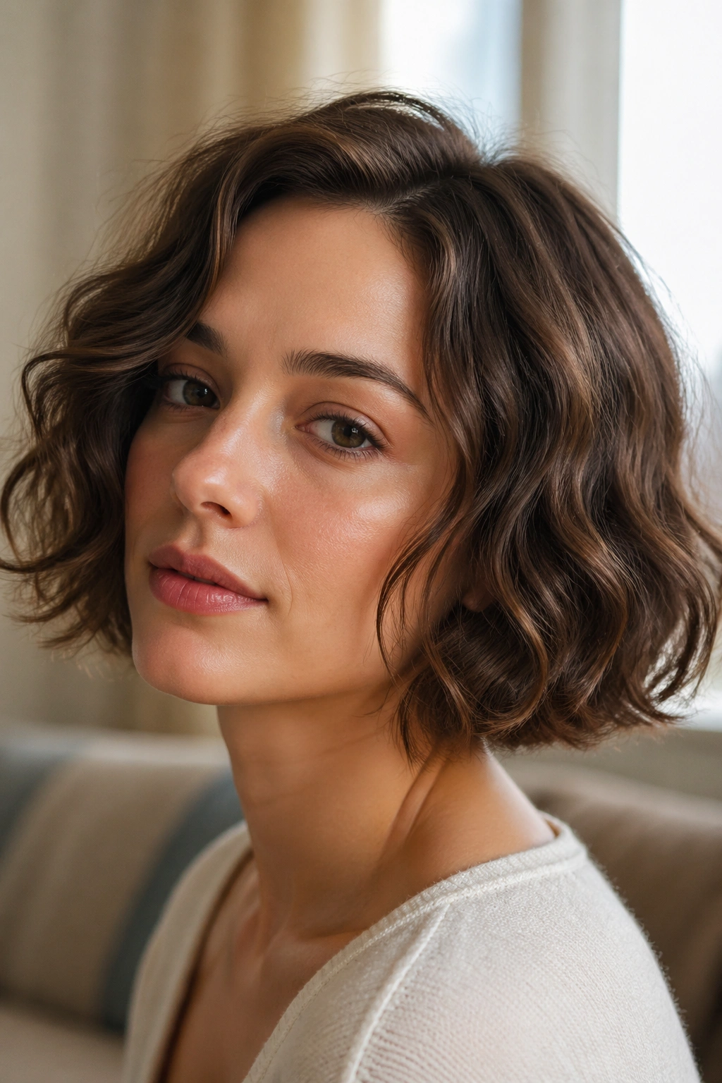 Close-up of a real woman with a chin-length bob featuring loose body waves